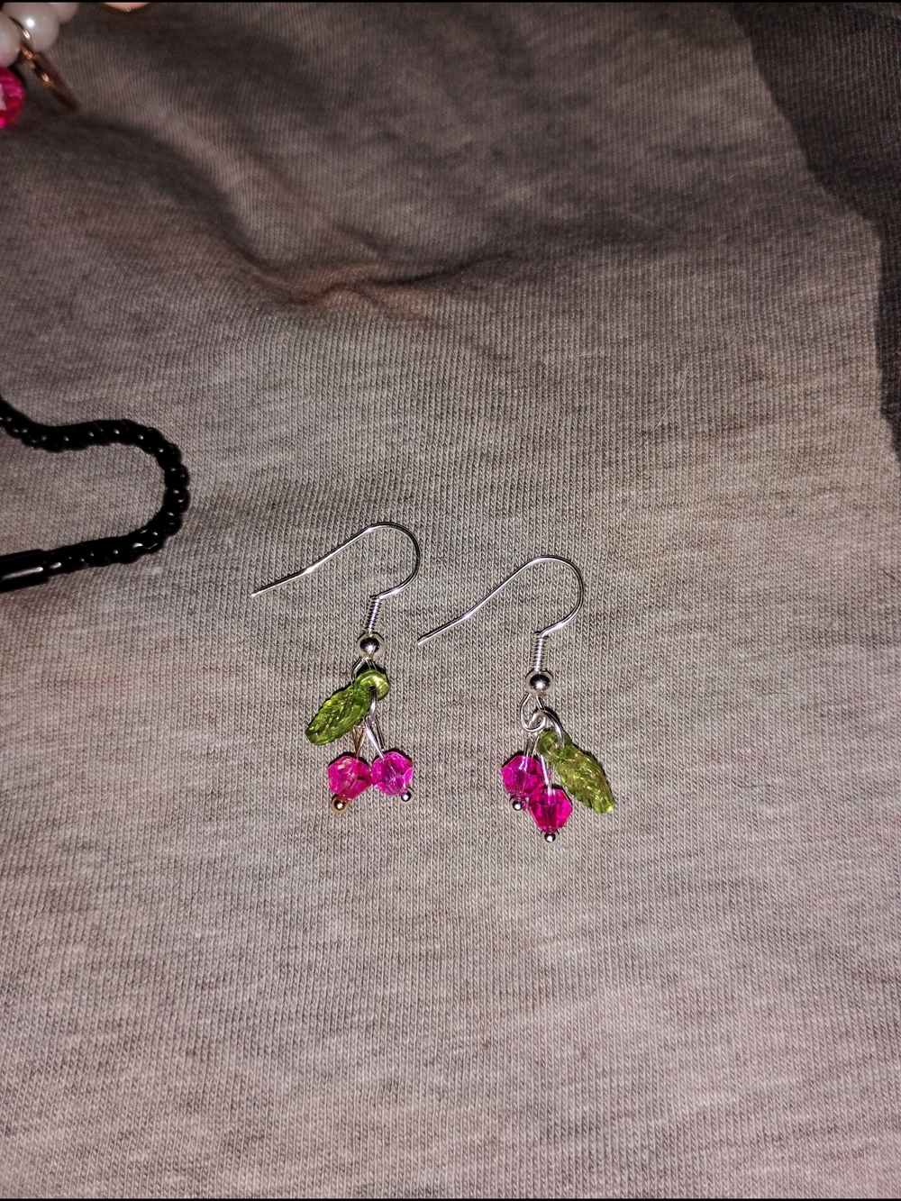 Pink Crystal Cherry Drop Earrings with Green Leaves